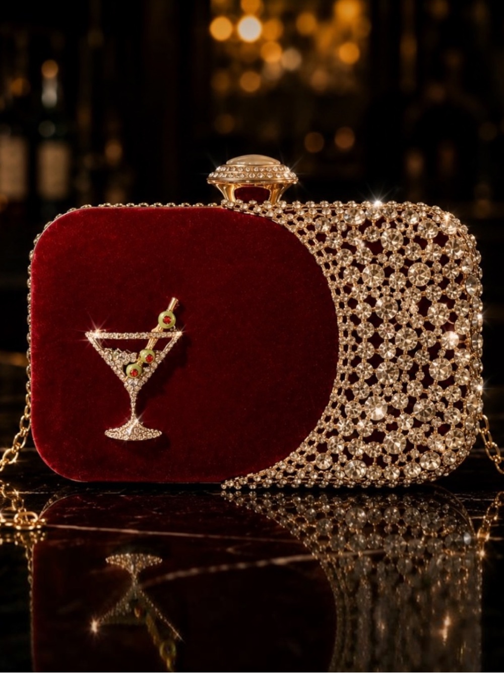 Luxe & Lattice “One Martini Away” Ruby Velvet Swarovski Crystals Evening Bag NWT